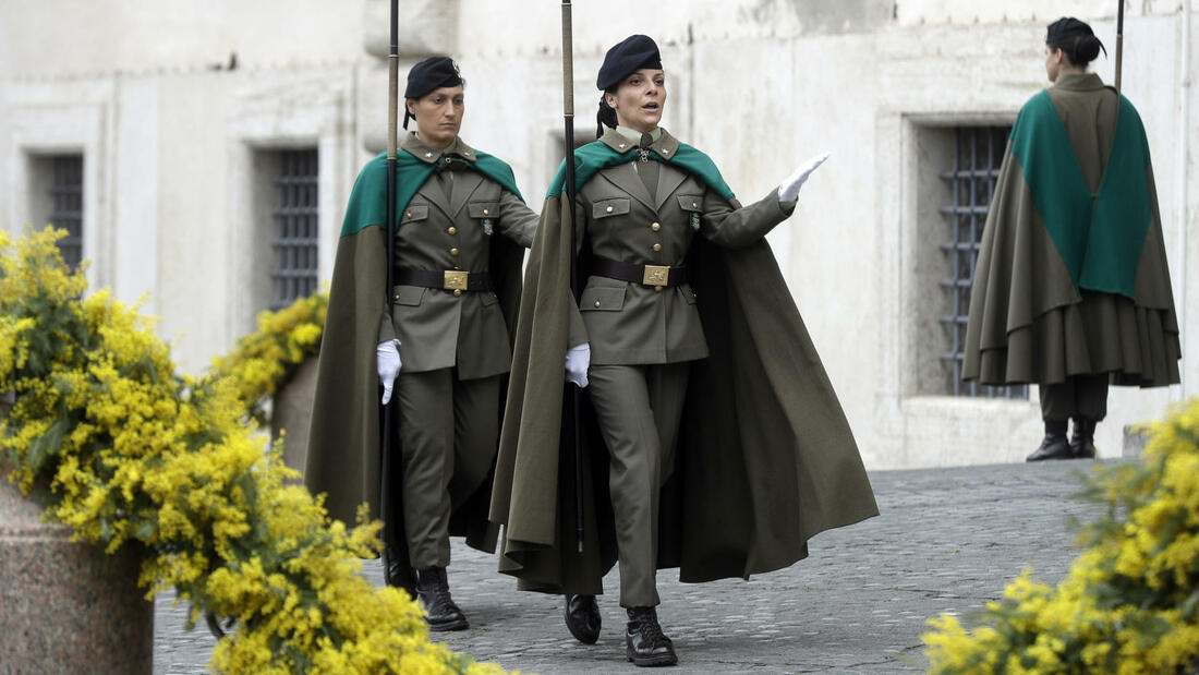 Female soldiers participate in the changing of the guard ceremony at the Quirinale, the presidential palace, in Rome on International Women's Day on March 8, 2019. (Gregorio Borgia/AP)