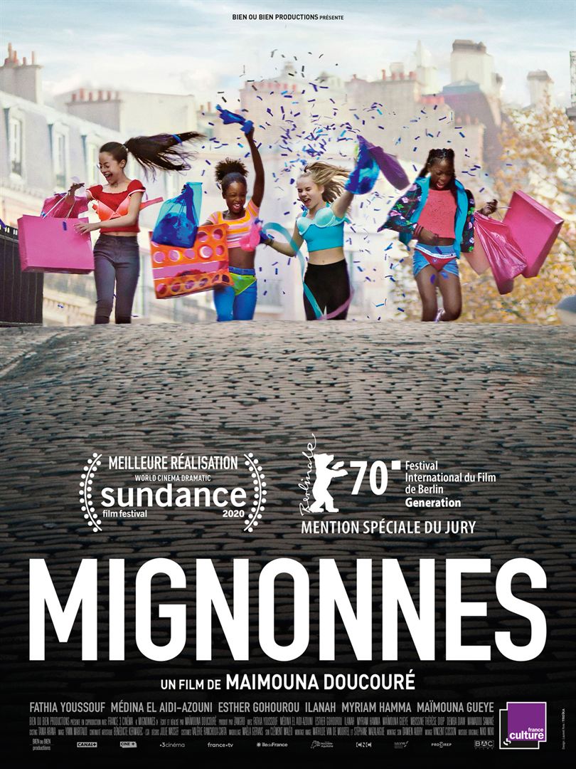 French poster for Mignonnes (Cuties) showing girls enjoying a shopping spree with confetti in the air.