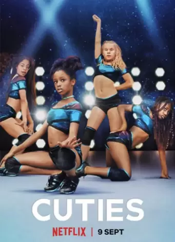 Netflix English language poster for Cuties showing girls in revealing dance outfits posing to look sexy.