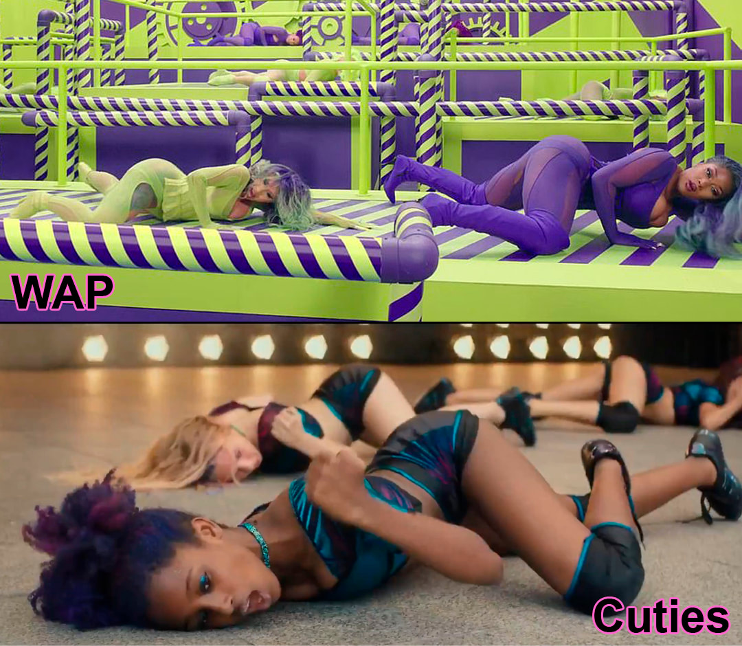 A still from the WAP music & a still from the movie Cuties, both showing the same hump the floor dance move.